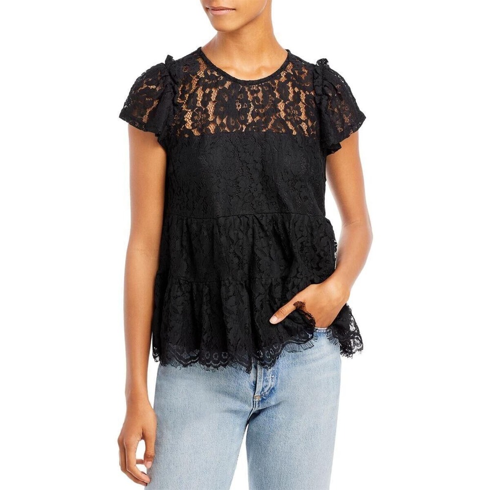 AQUA Black Lace Tiered Peplum Top Flutter Sleeve XS Black Excellent Condition